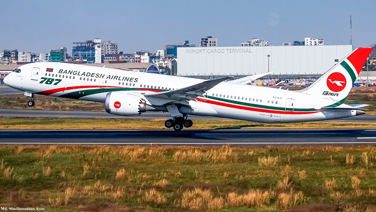 A Biman Bangladesh Airlines Boeing 787-9 Dreamliner taking off at Hazrat Shahjalal International Airport, Dhaka