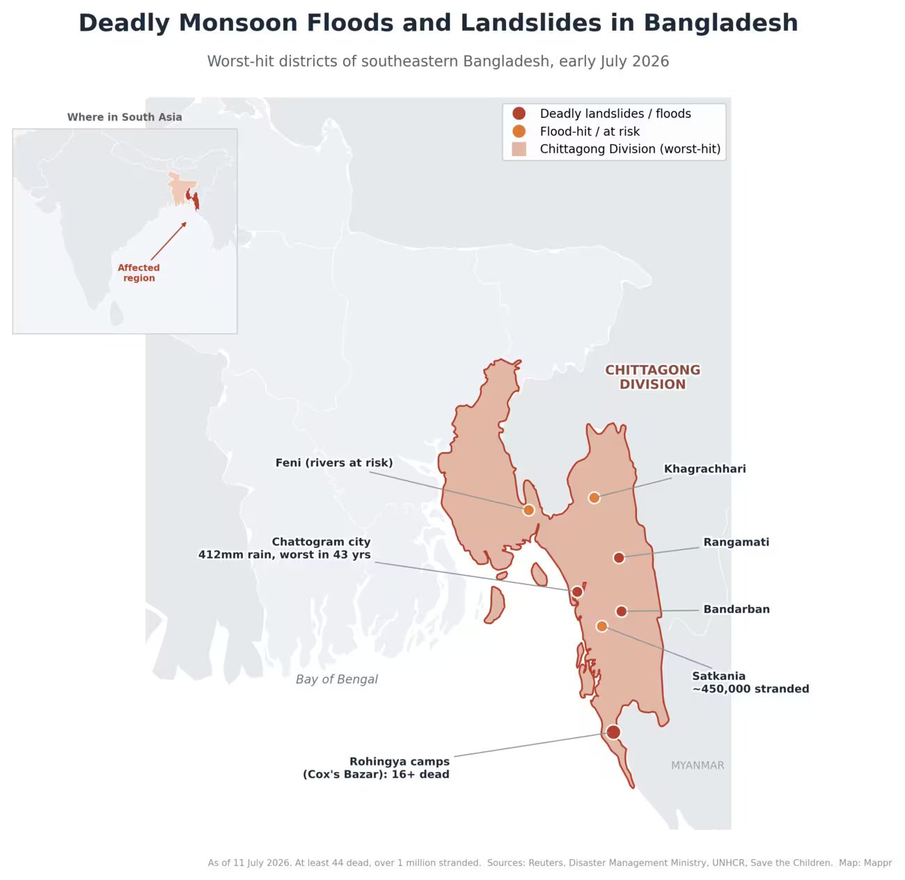Map of Chattogram Division marking the worst-hit districts of the July 2026 floods