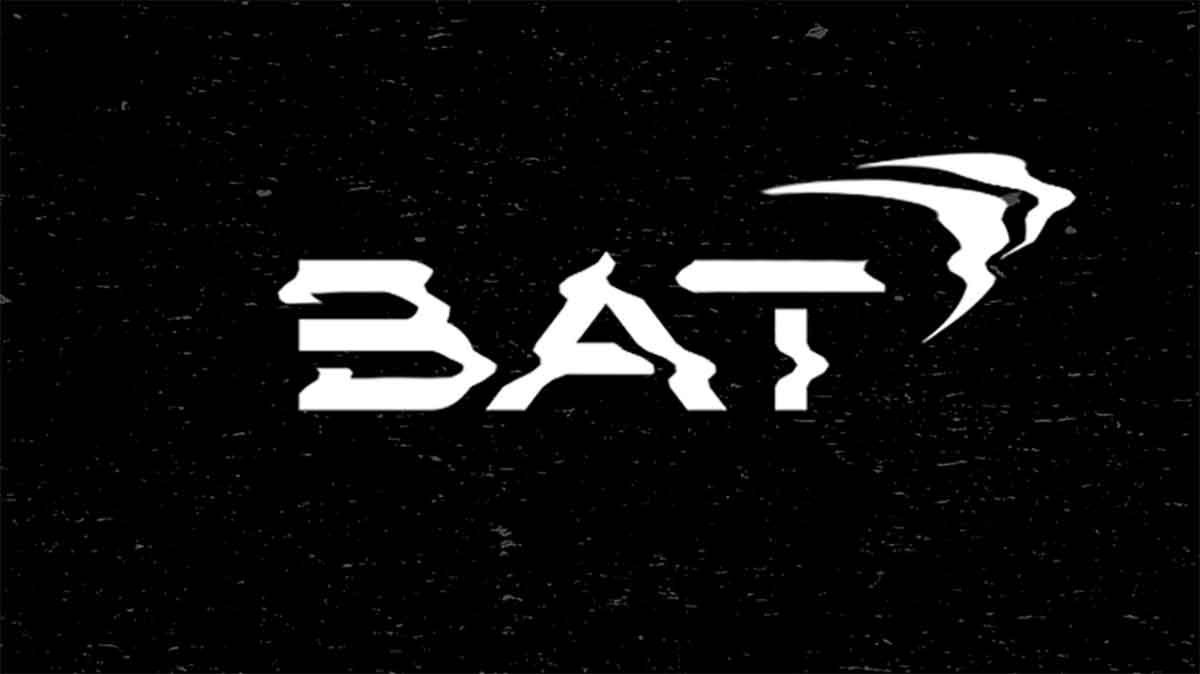 Stylized BAT logotype with a smoke wisp on a black background