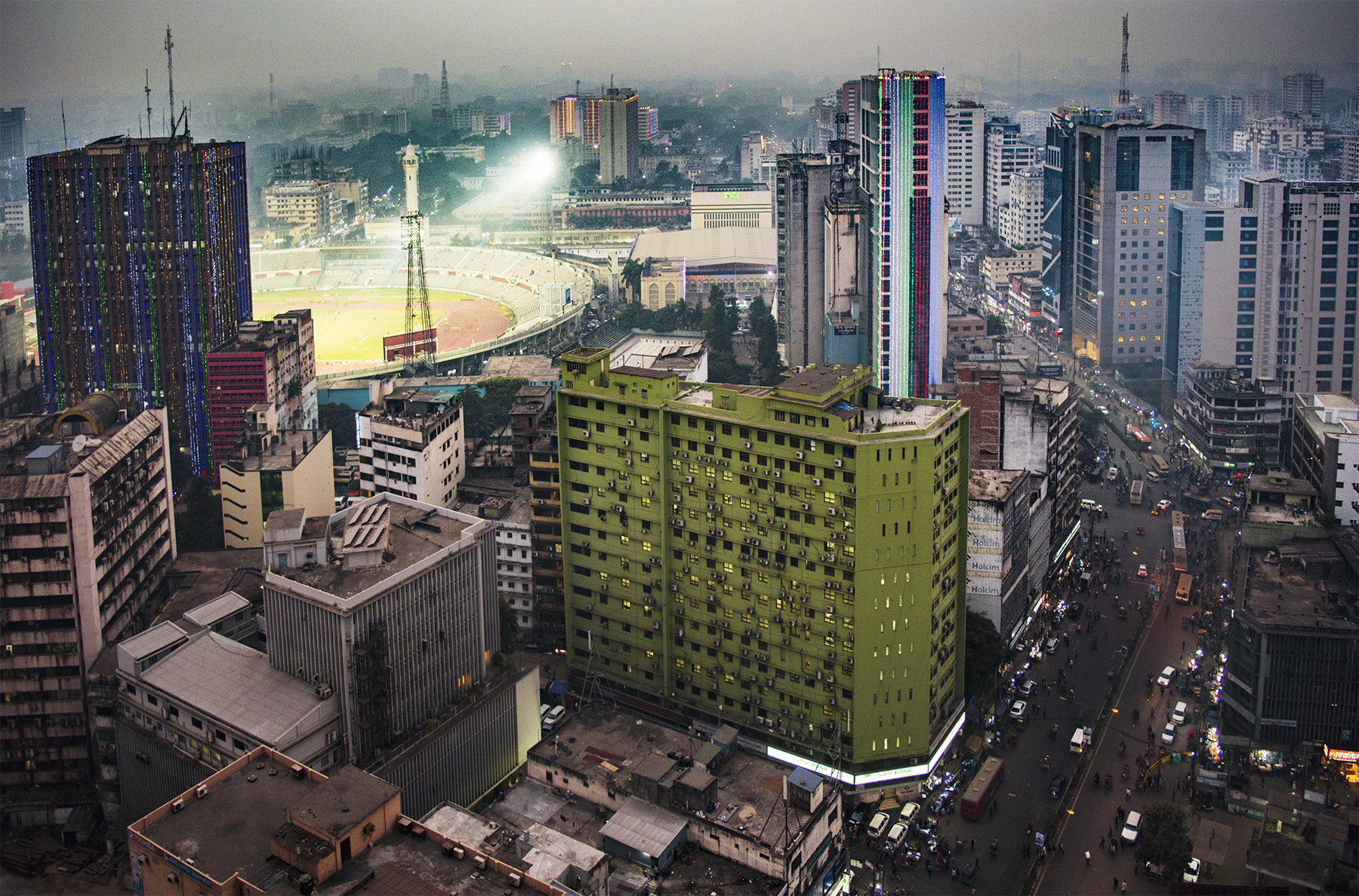 Dhaka's commercial skyline at dusk