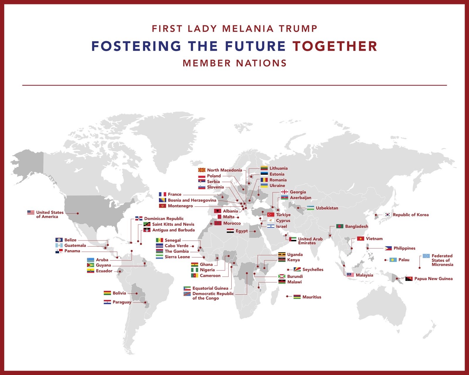 Member-nation map of the Fostering the Future Together coalition, showing 57 flagged countries including Bangladesh