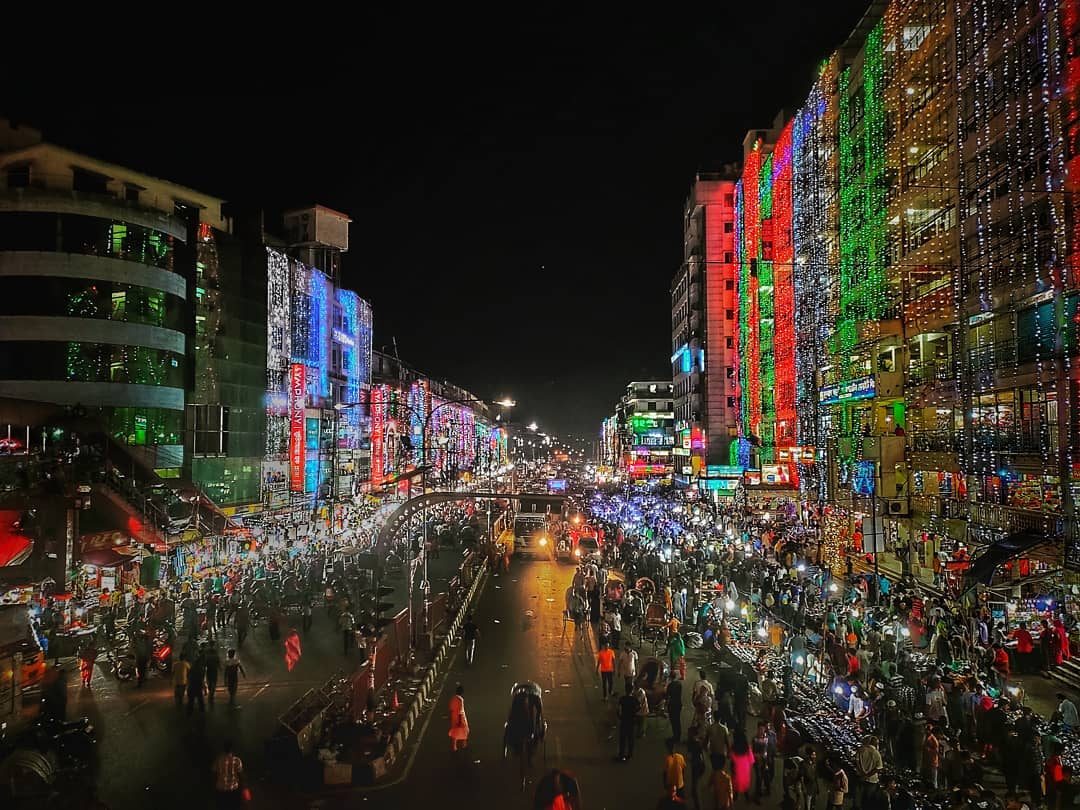A commercial street in Mirpur, Dhaka, at night