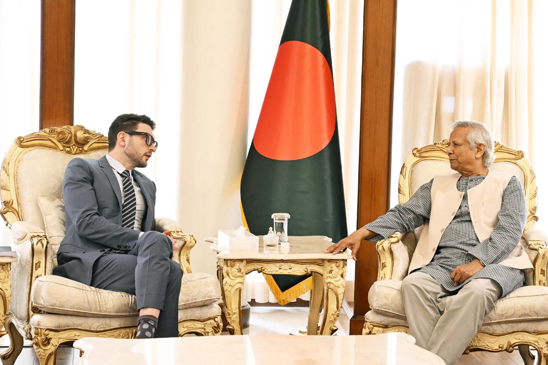 Alex Soros meets Muhammad Yunus at State Guest House Jamuna in Dhaka on January 29, 2025