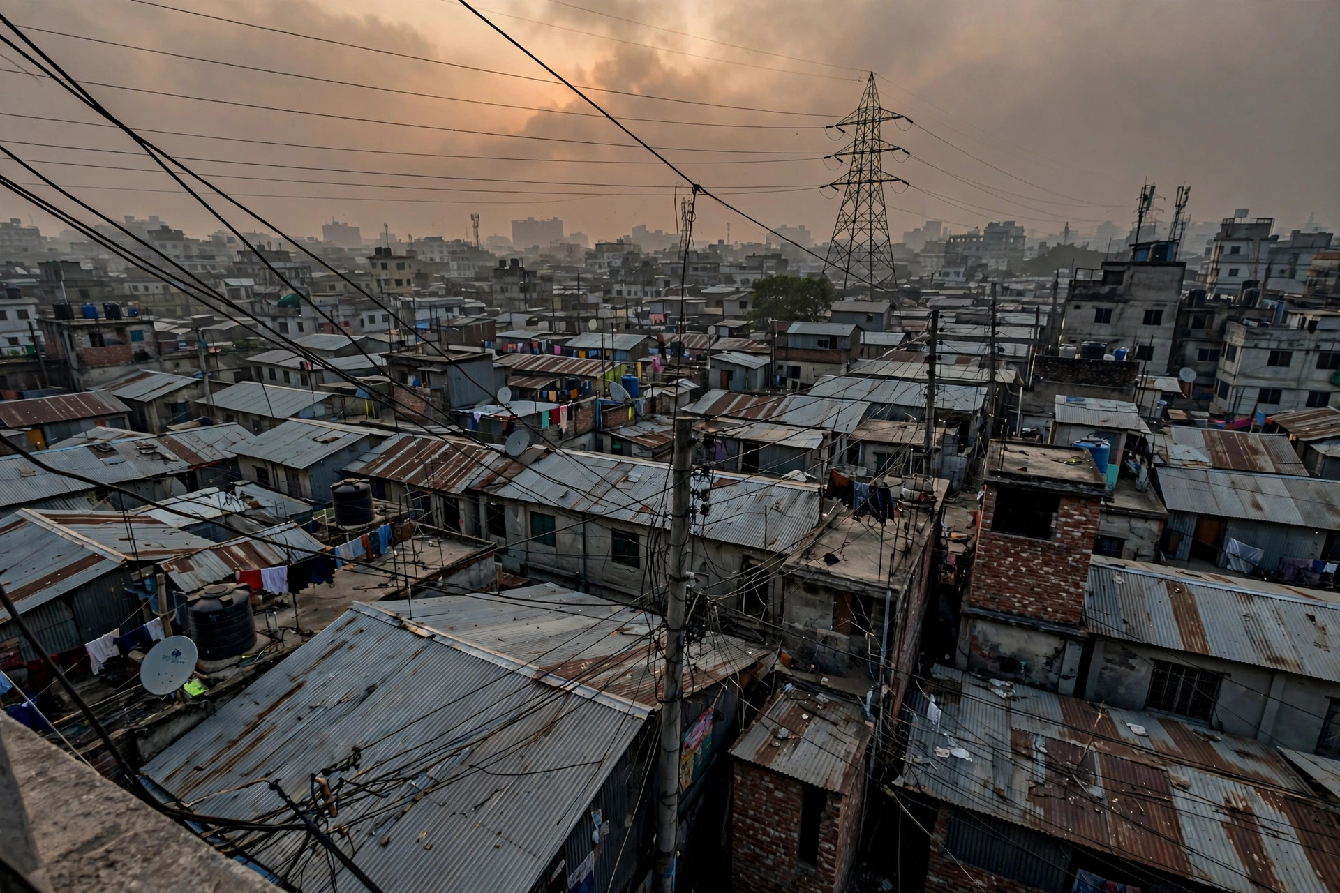 Dhaka rooftops under a web of distribution lines at dusk