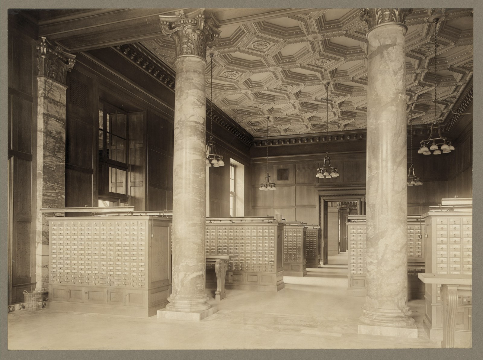 Card catalog drawers in the Widener Library reading room, Harvard, circa 1915